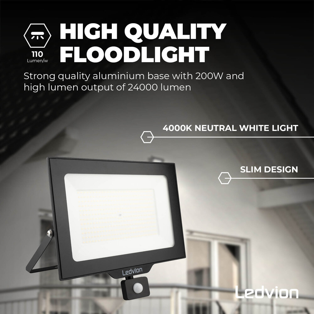 Ledvion LED Floodlight With PIR Sensor - 200W - Osram LED - IP65 - 4000K - 24.000 Lumen - Outdoor Security Lights