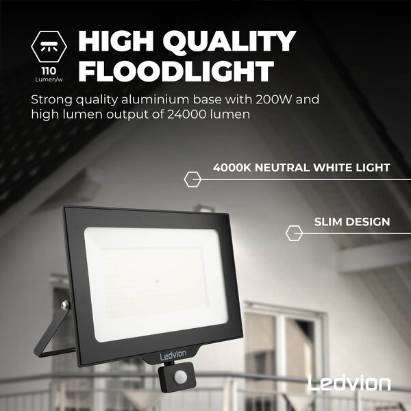 Ledvion LED Floodlight With PIR Sensor - 200W - Osram LED - IP65 - 4000K - 24.000 Lumen - Outdoor Security Lights