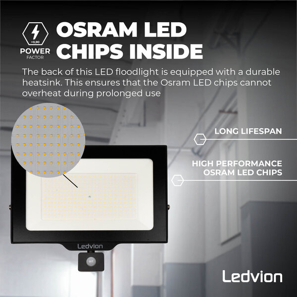 Ledvion LED Floodlight With PIR Sensor - 200W - Osram LED - IP65 - 4000K - 24.000 Lumen - Outdoor Security Lights