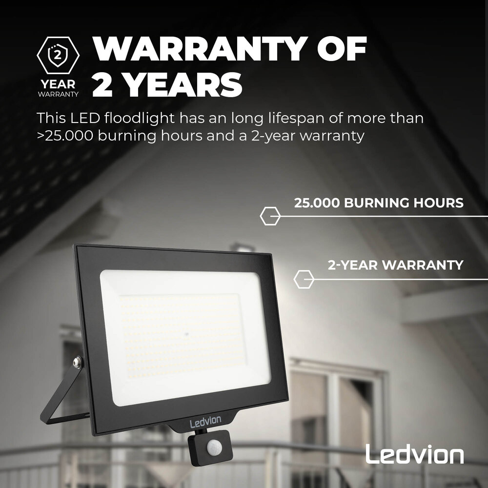 Ledvion LED Floodlight With PIR Sensor - 200W - Osram LED - IP65 - 4000K - 24.000 Lumen - Outdoor Security Lights