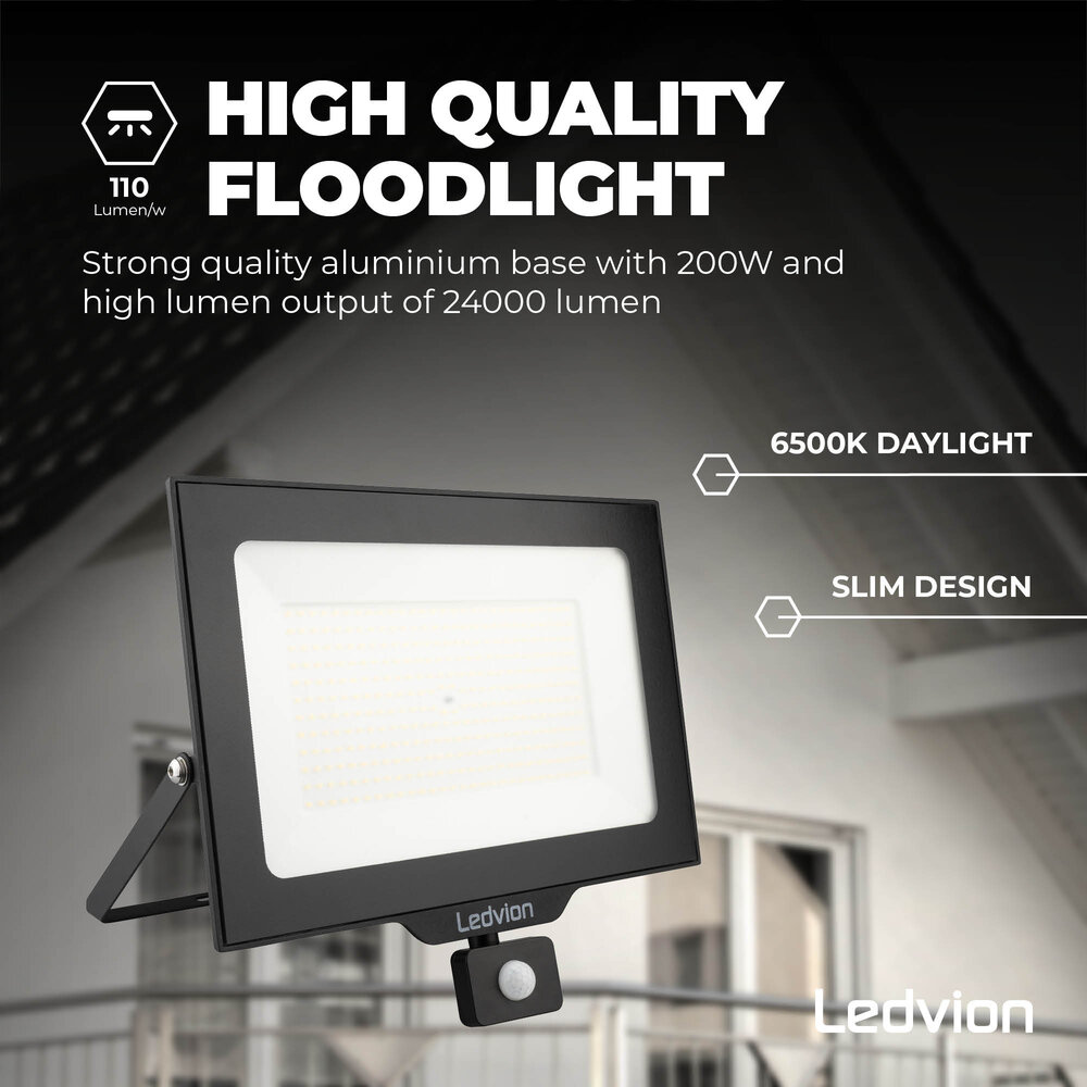 Ledvion LED Floodlight With PIR Sensor - 200W - Osram LED - IP65 - 6500K - 24.000 Lumen - Outdoor Security Lights
