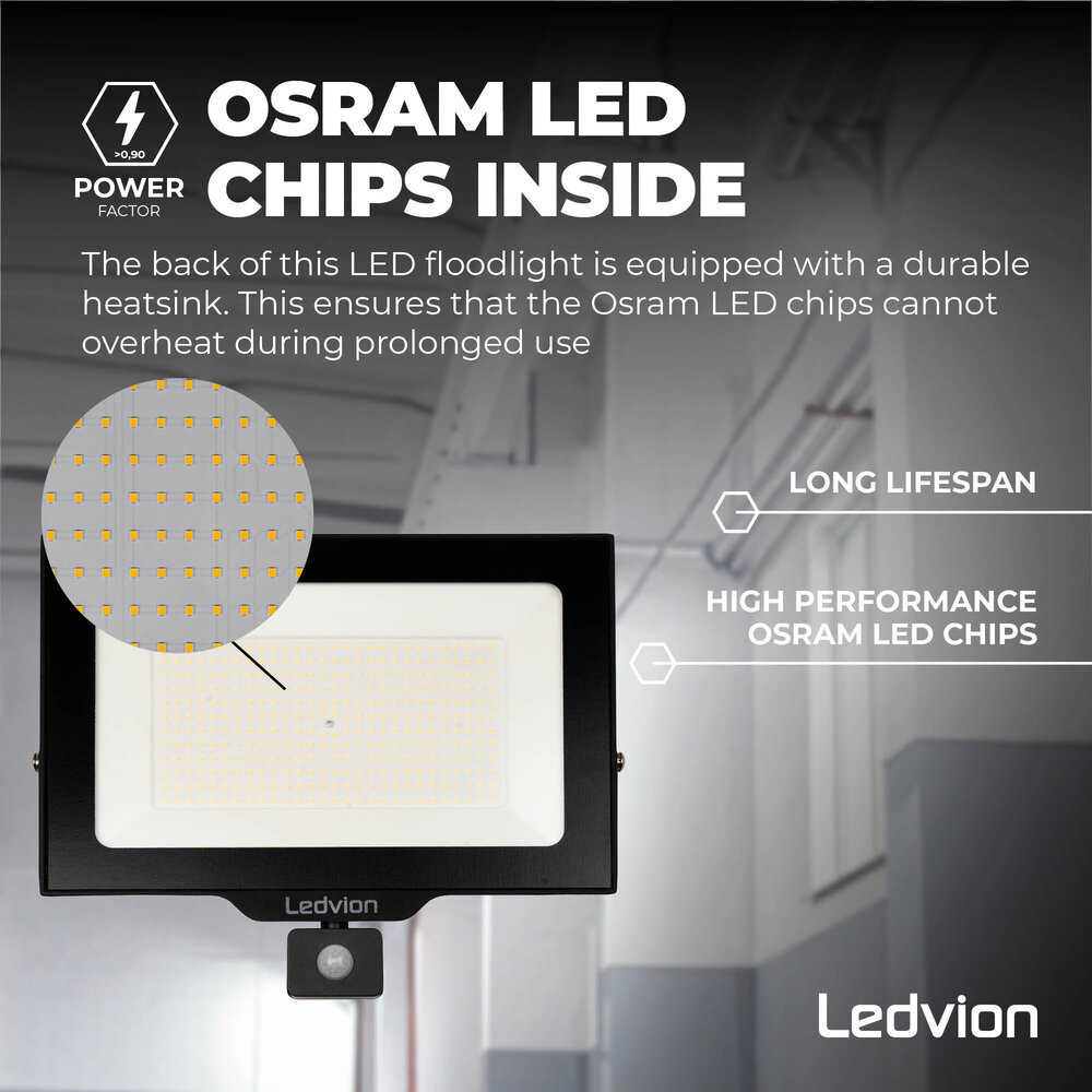 Ledvion LED Floodlight With PIR Sensor - 200W - Osram LED - IP65 - 6500K - 24.000 Lumen - Outdoor Security Lights