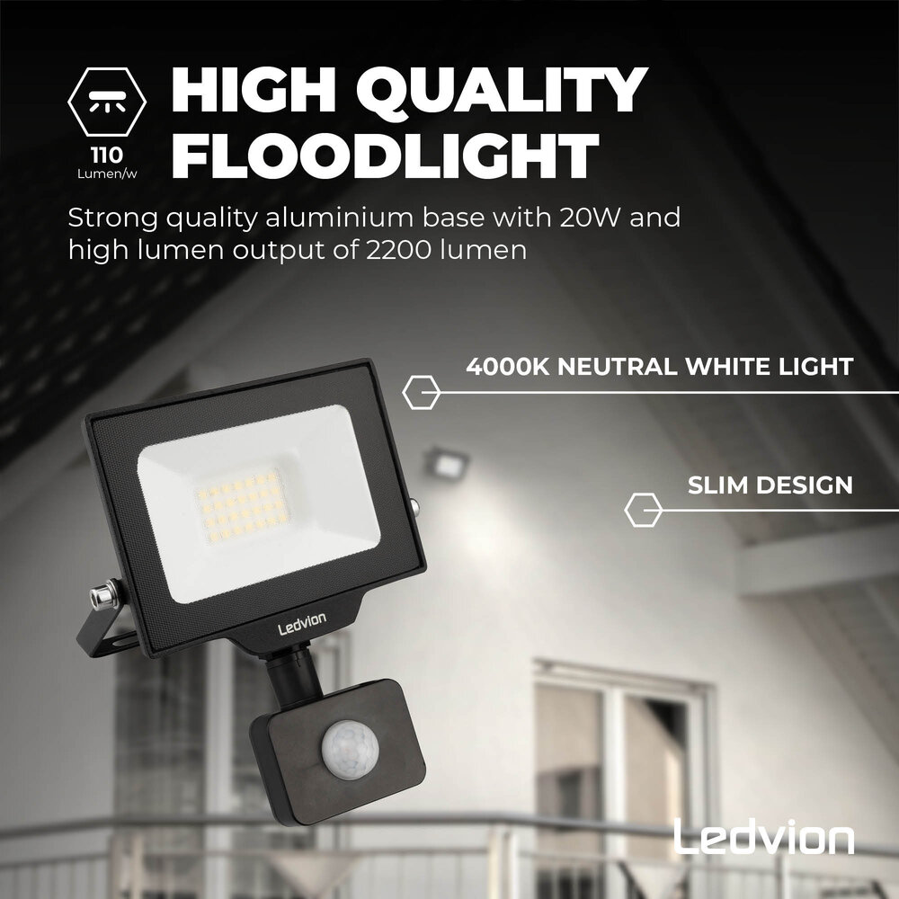 Ledvion LED Floodlight With PIR Sensor - 20W - Osram LED - IP65 - 4000K - 2200 Lumen - Outdoor Security Lights