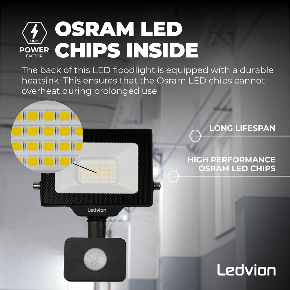 Ledvion LED Floodlight With PIR Sensor - 20W - Osram LED - IP65 - 4000K - 2200 Lumen - Outdoor Security Lights