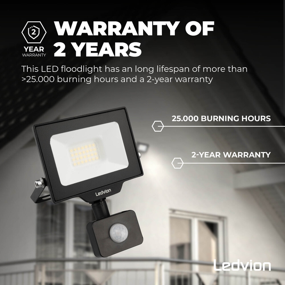 Ledvion LED Floodlight With PIR Sensor - 20W - Osram LED - IP65 - 4000K - 2200 Lumen - Outdoor Security Lights