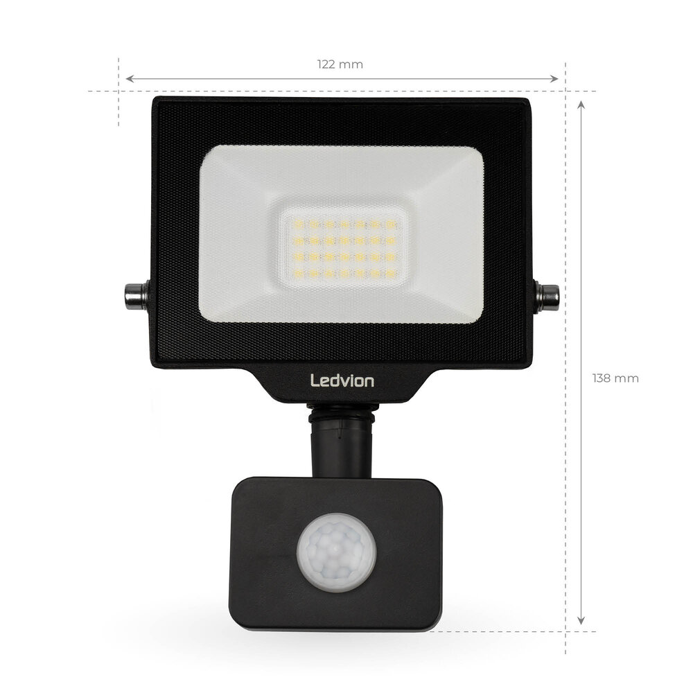 Ledvion LED Floodlight With PIR Sensor - 20W - Osram LED - IP65 - 4000K - 2200 Lumen - Outdoor Security Lights