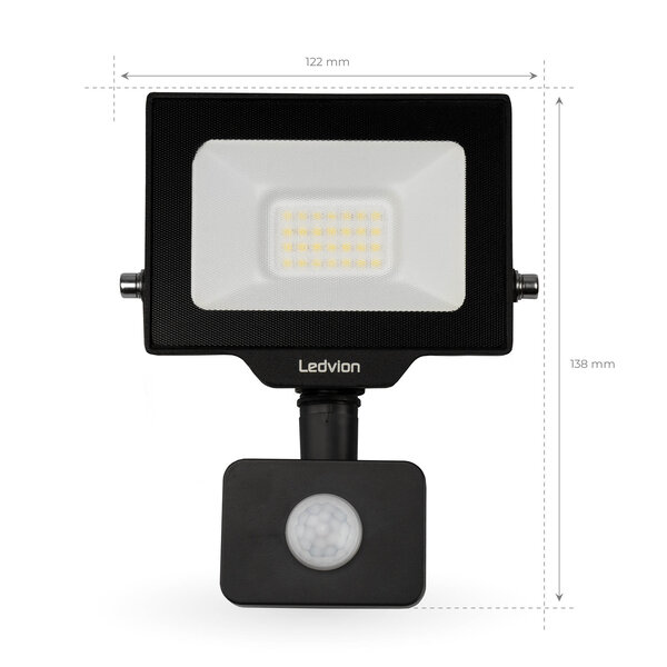 Ledvion LED Floodlight With PIR Sensor - 20W - Osram LED - IP65 - 4000K - 2200 Lumen - Outdoor Security Lights