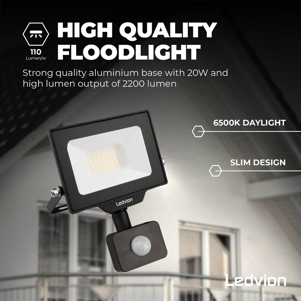 Ledvion LED Floodlight With PIR Sensor - 20W - Osram LED - IP65 - 6500K - 2200 Lumen - Outdoor Security Lights