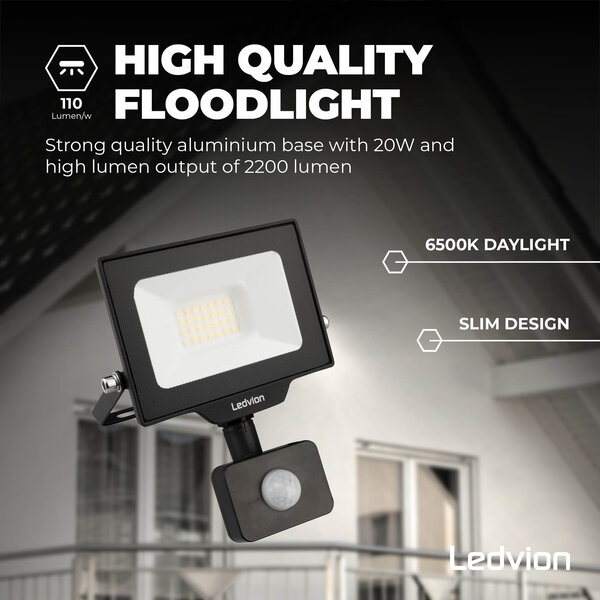 Ledvion LED Floodlight With PIR Sensor - 20W - Osram LED - IP65 - 6500K - 2200 Lumen - Outdoor Security Lights