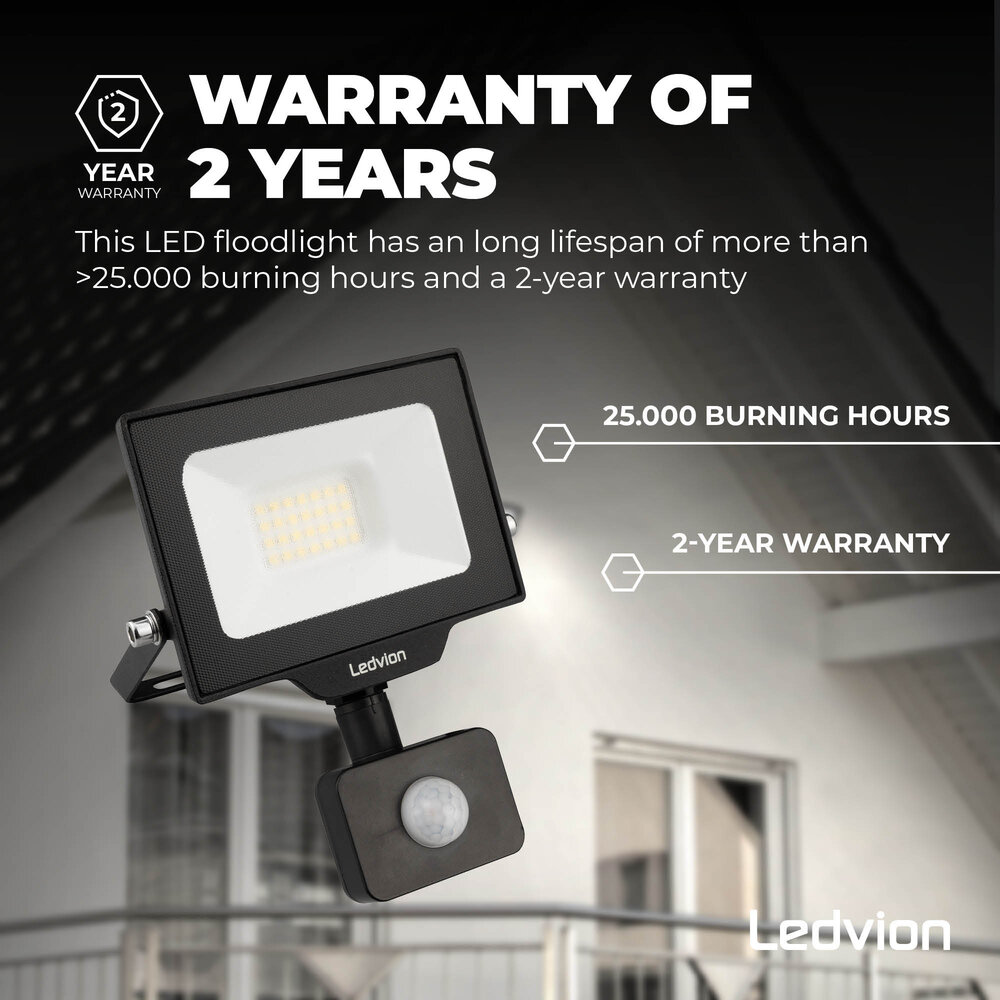 Ledvion LED Floodlight With PIR Sensor - 20W - Osram LED - IP65 - 6500K - 2200 Lumen - Outdoor Security Lights