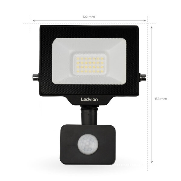 Ledvion LED Floodlight With PIR Sensor - 20W - Osram LED - IP65 - 6500K - 2200 Lumen - Outdoor Security Lights