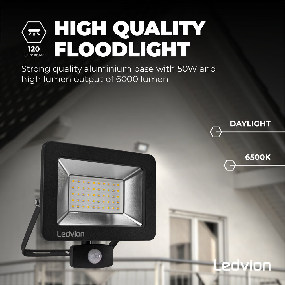 Ledvion LED Floodlight With PIR Sensor - 50W - Osram LED - IP65 - 6500K - 6000 Lumen - 5 Year Warranty