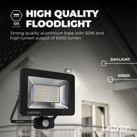 Ledvion LED Floodlight With PIR Sensor - 50W - Osram LED - IP65 - 6500K - 6000 Lumen - 5 Year Warranty