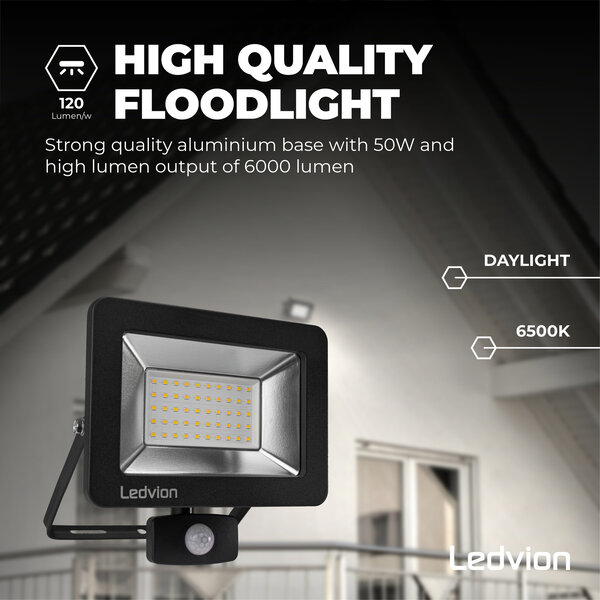 Ledvion LED Floodlight With PIR Sensor - 50W - Osram LED - IP65 - 6500K - 6000 Lumen - 5 Year Warranty