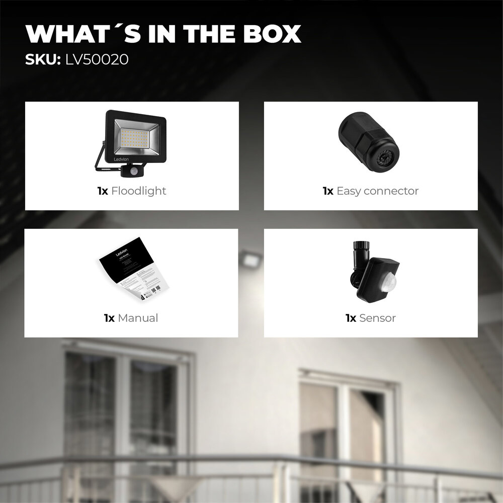 Ledvion LED Floodlight With PIR Sensor - 50W - Osram LED - IP65 - 6500K - 6000 Lumen - 5 Year Warranty