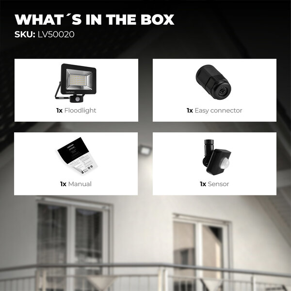 Ledvion LED Floodlight With PIR Sensor - 50W - Osram LED - IP65 - 6500K - 6000 Lumen - 5 Year Warranty