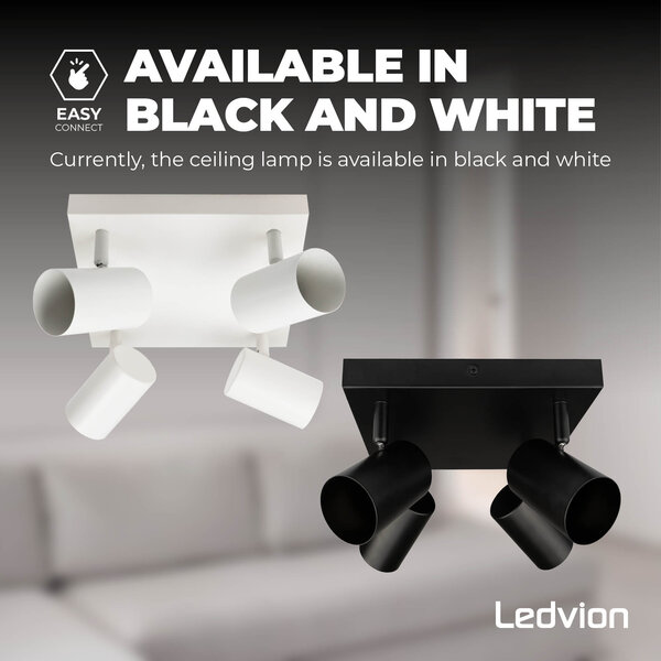 Ledvion LED Ceiling Spotlight With 4 Lights - GU10 - Dimmable - Adjustable - Black - Square