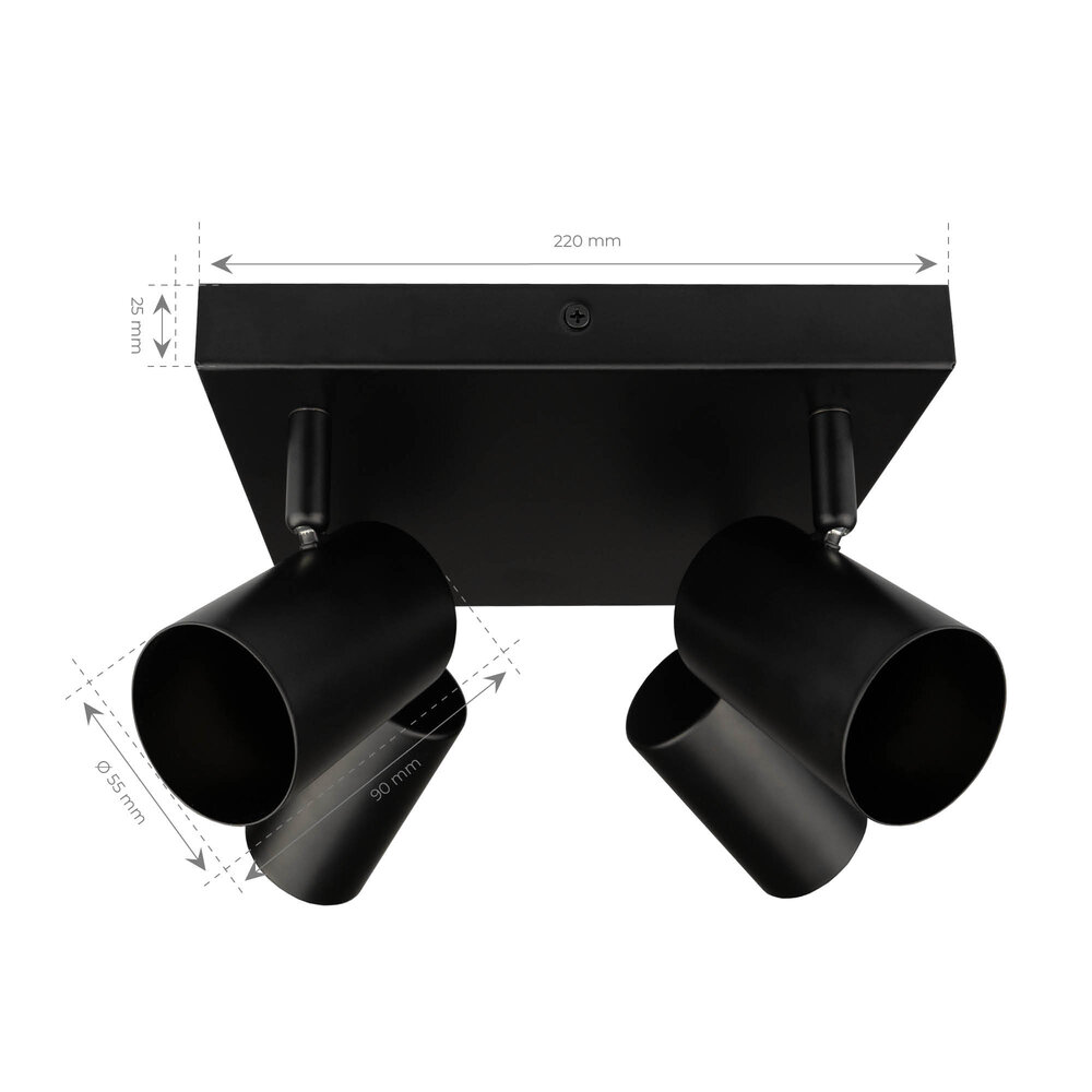 Ledvion LED Ceiling Spotlight With 4 Lights - GU10 - Dimmable - Adjustable - Black - Square