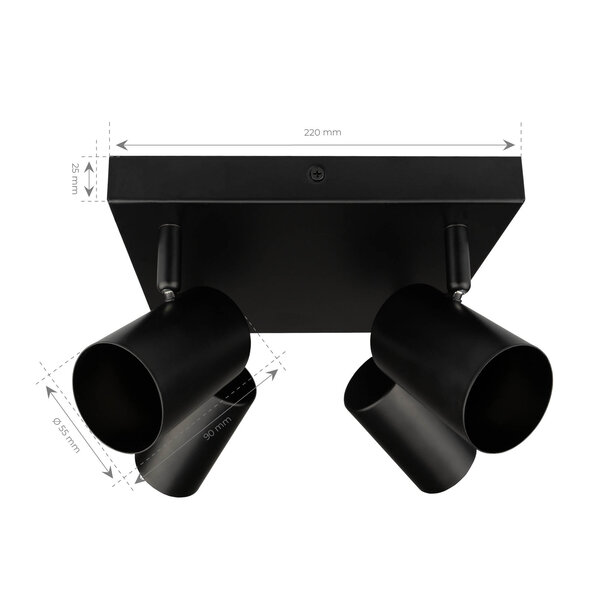 Ledvion LED Ceiling Spotlight With 4 Lights - GU10 - Dimmable - Adjustable - Black - Square