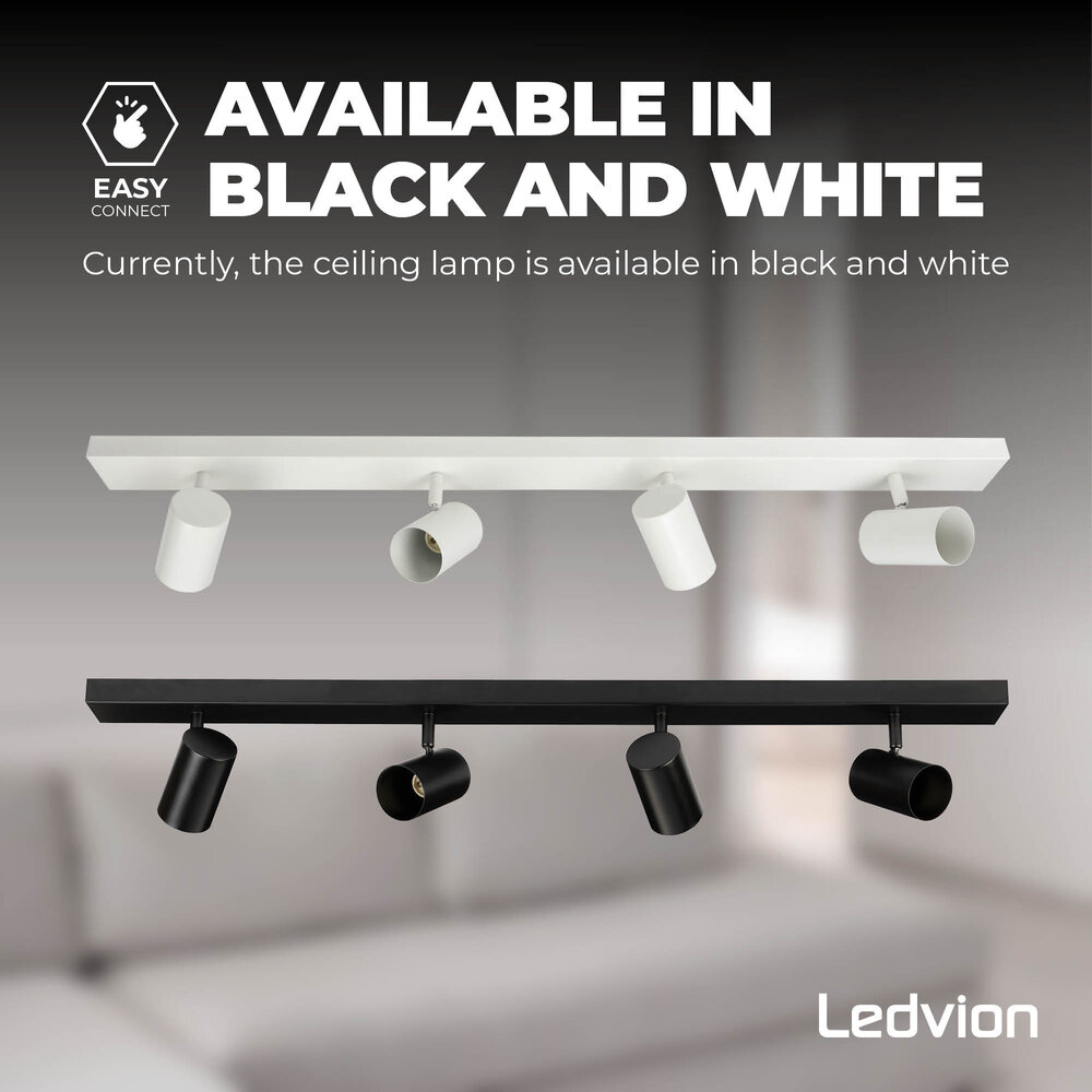 Ledvion LED Ceiling Spotlight With 4 Lights - GU10 - Dimmable - Adjustable - Black - Rectangular