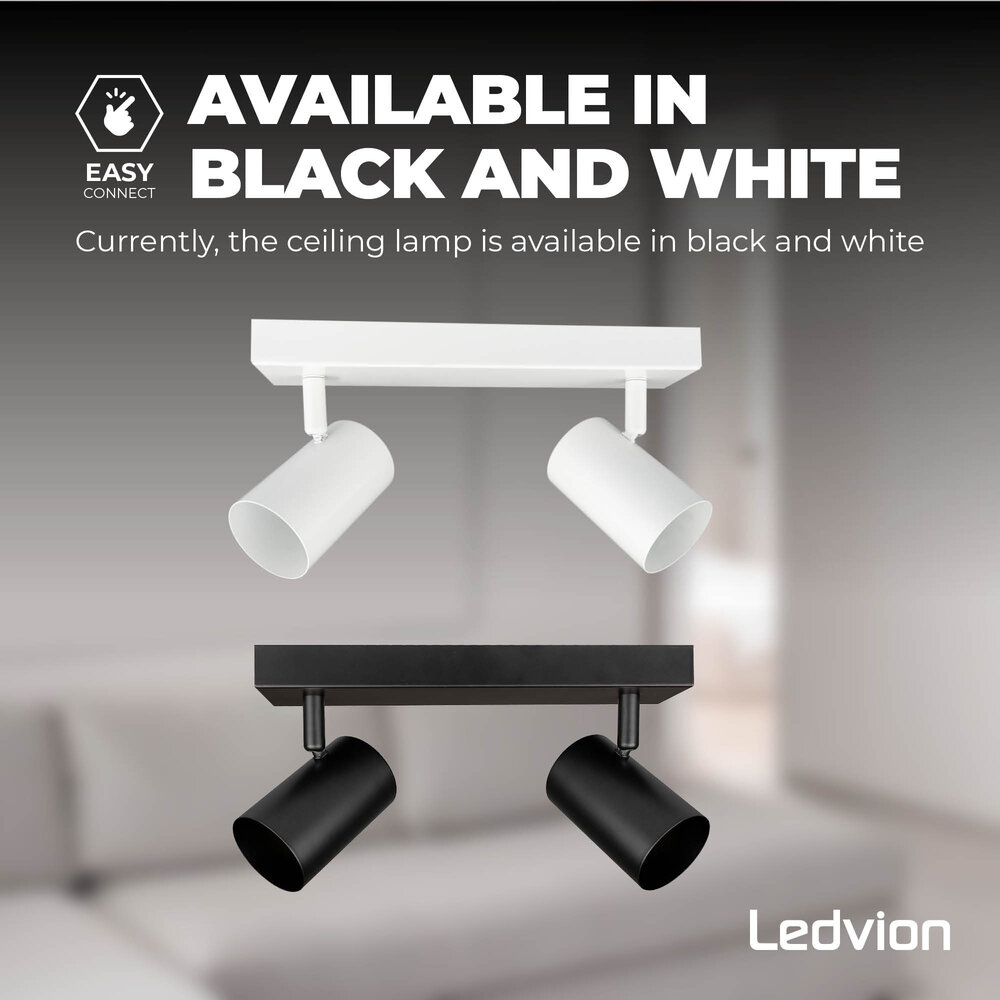 Ledvion LED Ceiling Spotlight With 2 Lights - GU10 - Dimmable - Adjustable - Black - Rectangular