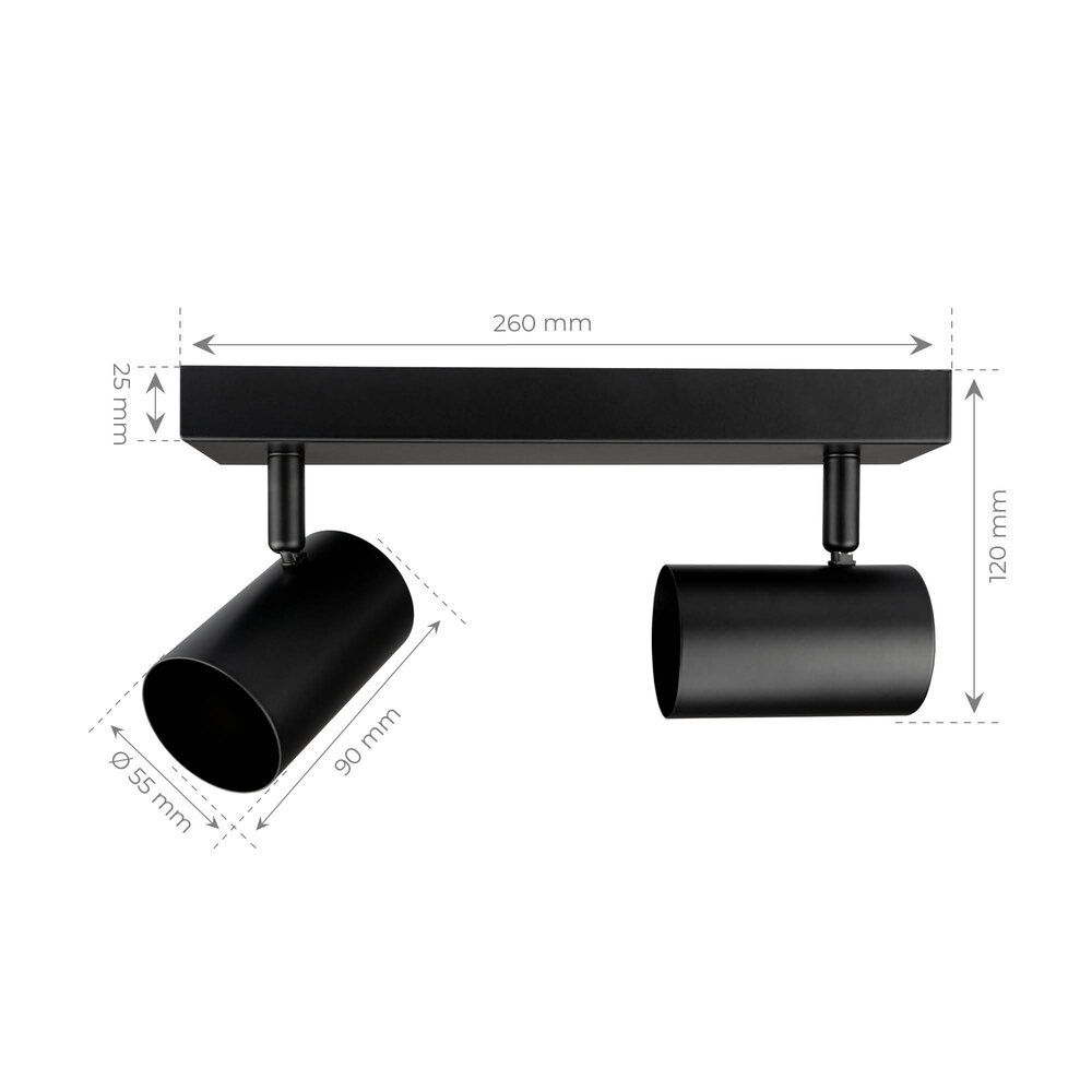 Ledvion LED Ceiling Spotlight With 2 Lights - GU10 - Dimmable - Adjustable - Black - Rectangular