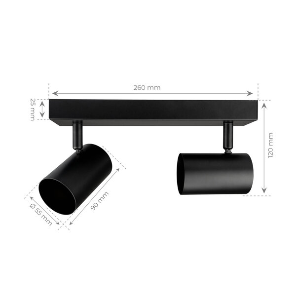 Ledvion LED Ceiling Spotlight With 2 Lights - GU10 - Dimmable - Adjustable - Black - Rectangular
