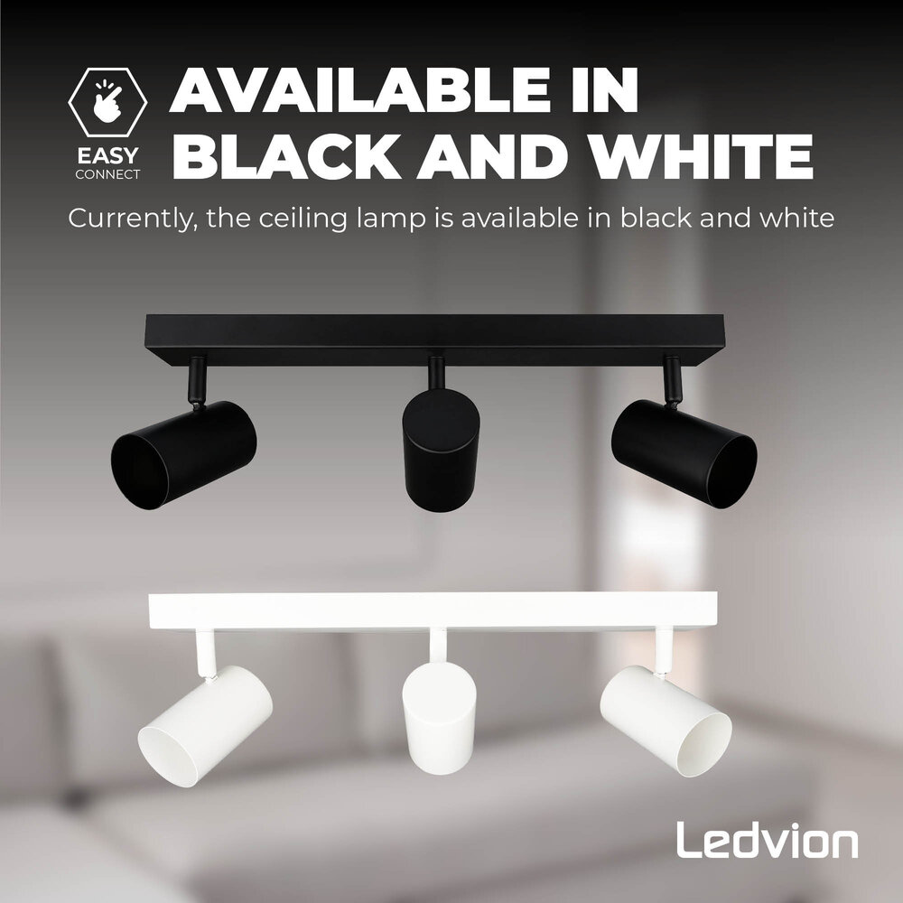 Ledvion LED Ceiling Spotlight With 3 Lights - GU10 - Dimmable - Adjustable - Black - Rectangular