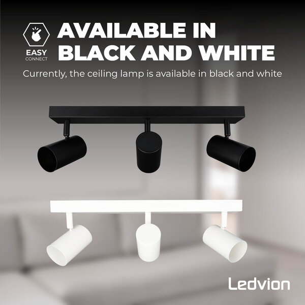 Ledvion LED Ceiling Spotlight With 3 Lights - GU10 - Dimmable - Adjustable - Black - Rectangular