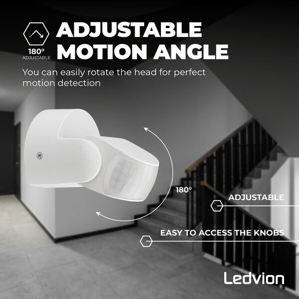 Ledvion White Surface Mounted Motion Sensor 180° With Dusk to dawn Switch 12M Range Max. 600W IP65