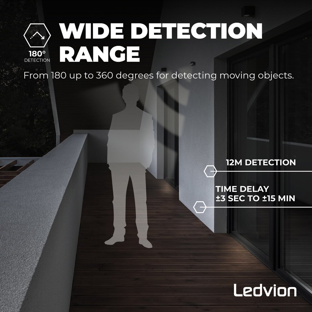 Ledvion Black Surface-mounted Motion Sensor 180° With Dusk to dawn Switch 12M Range Max. 400W