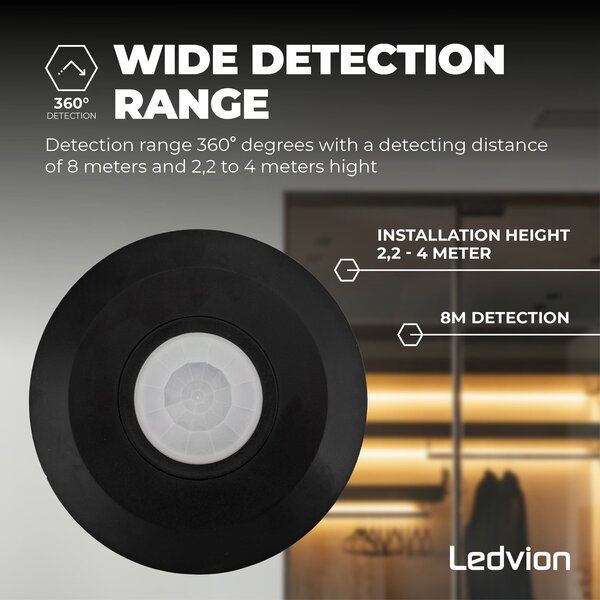 Ledvion Black Surface-mounted Motion Sensor 360° With Dusk to dawn Switch 8m range