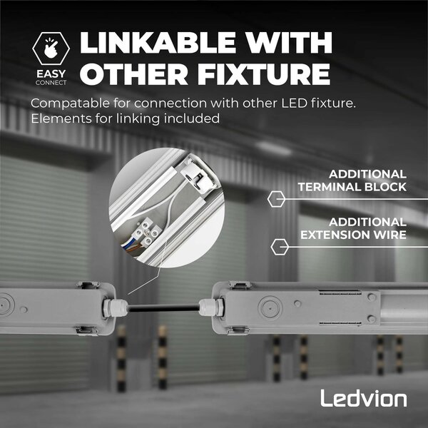 Ledvion 4ft LED Batten - 12W - 6500K - Daylight - T8 Fixture - IP65 - Linkable - Single - Non Corrosive