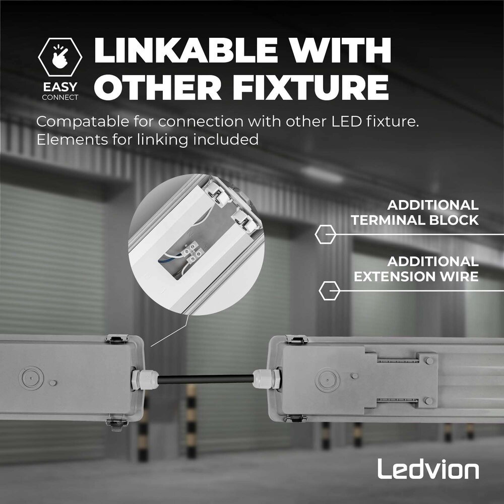 Ledvion 5ft LED Batten - 2x 28W - 6500K - Daylight - T8 Fixture - IP65 - Linkable - Twin - Non Corrosive