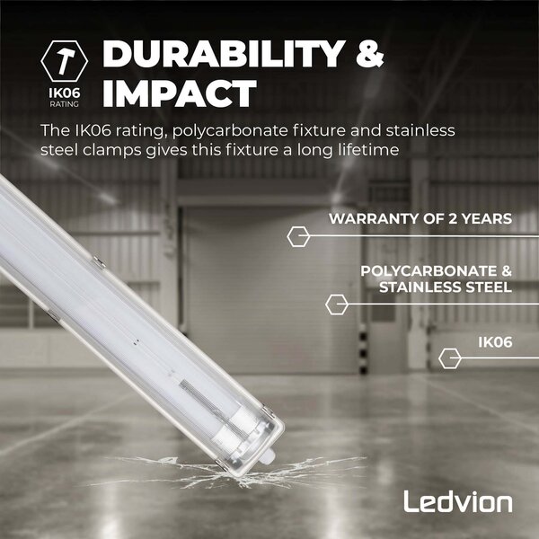 Ledvion 2ft LED Batten - 2x 6.3W - 4000K - Cool White - T8 Fixture - IP65 - Linkable - Twin - Non Corrosive