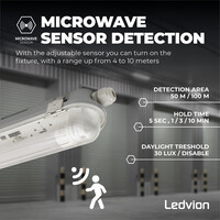 Ledvion 4ft LED Batten with PIR Sensor - 18W - 4000K - Cool White - T8 Fixture - IP65 - Single - Non Corrosive