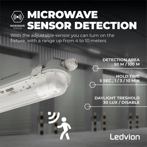 Ledvion 4ft LED Batten with PIR Sensor - 18W - 4000K - Cool White - T8 Fixture - IP65 - Single - Non Corrosive