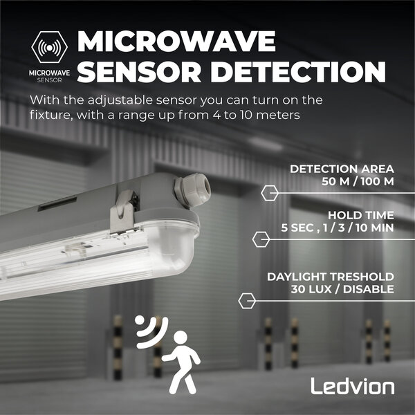 Ledvion 4ft LED Batten with PIR Sensor - T8 Fixture - IP65 - Single - Non Corrosive - Suitable for 1x LED Tube