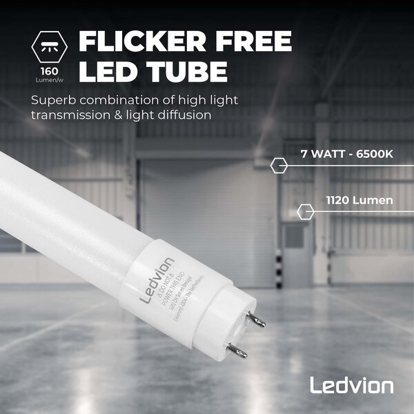 Ledvion 2ft LED Tube - 7W - 6500K - Daylight - T8 - 1120 Lumen - Replaces 18W - High Efficiency