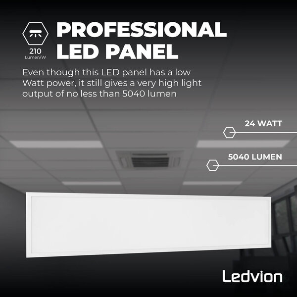 Ledvion 6x LED Panel 120x30 - UGR <19 - 24W - 210 Lm/W - 4000K - 5 Year Warranty - Energy Class A