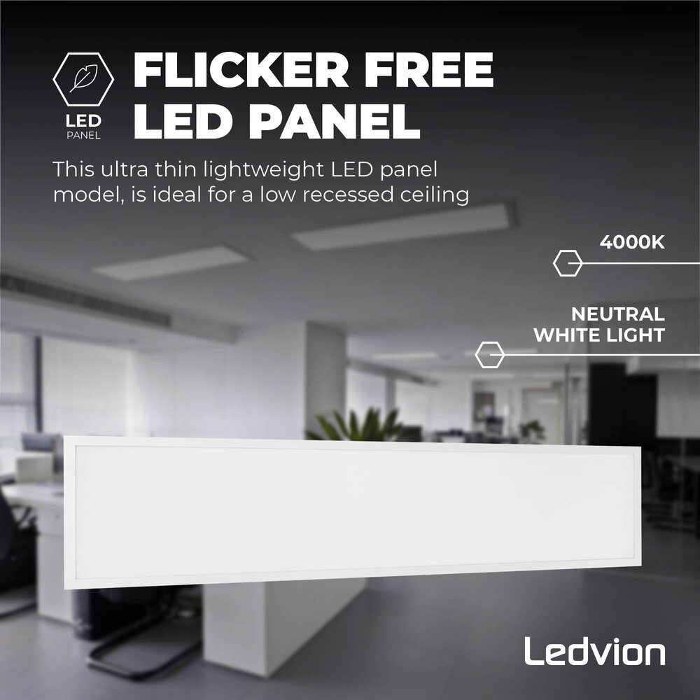 Ledvion 6x LED Panel 120x30 - UGR <19 - 24W - 210 Lm/W - 4000K - 5 Year Warranty - Energy Class A