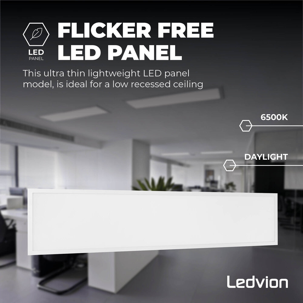 Ledvion 6x LED Panel 120x30 - UGR <19 - 24W - 210 Lm/W - 6500K - 5 Year Warranty - Energy Class A