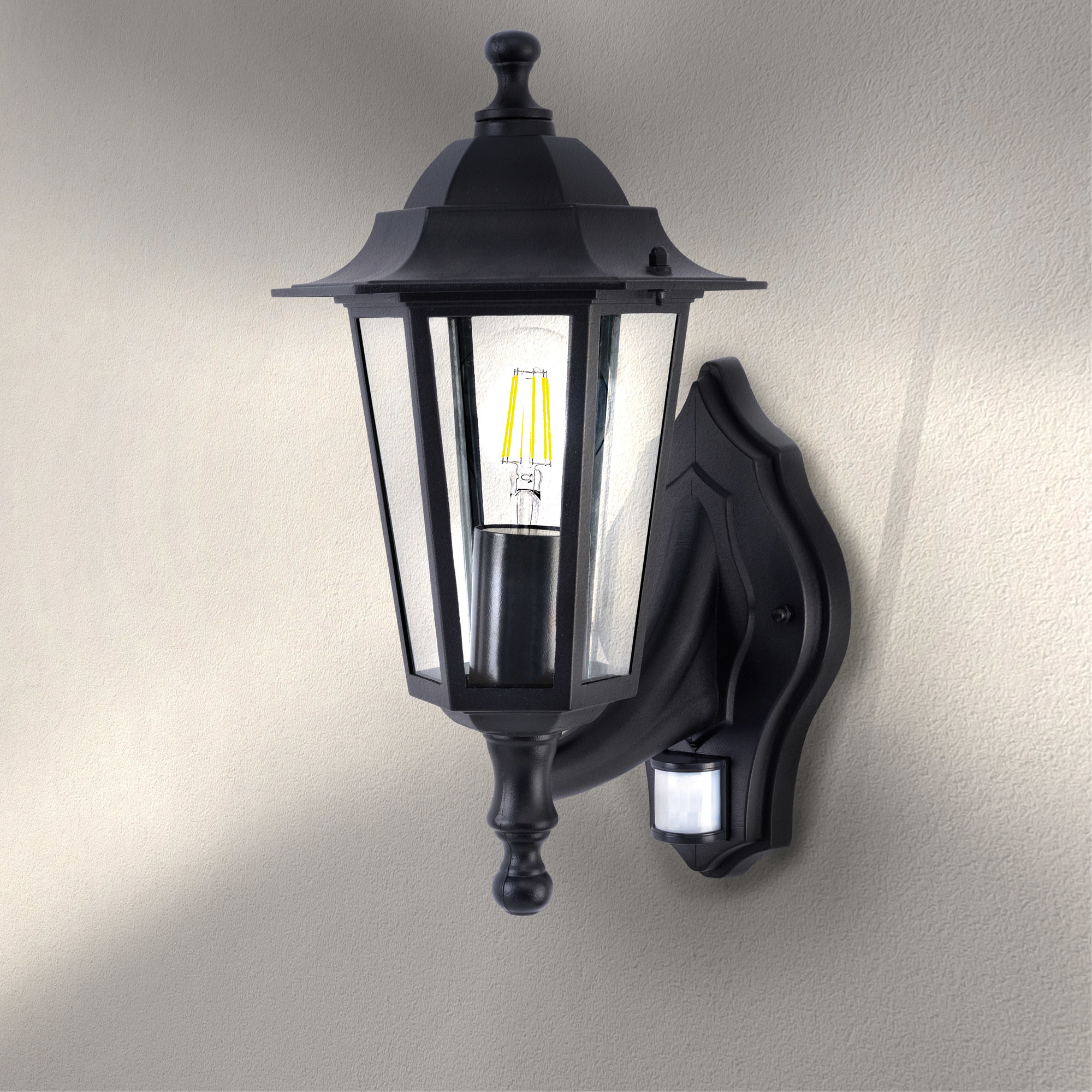LED Outdoor Wall Light with PIR Sensor - E27 - Waterproof - Black - Lantern - Vintage - Dimmable