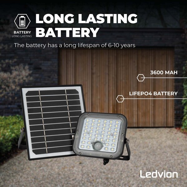 Ledvion LED Solar Floodlight with Sensor - IP65 - Waterproof - 4000K - Cool White - 3600 mAh - Security Lights - Solar Powered