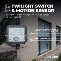 Ledvion LED Solar Floodlight with Sensor - IP65 - Waterproof - 4000K - Cool White - 3600 mAh - Security Lights - Solar Powered