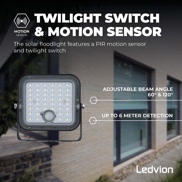 Ledvion LED Solar Floodlight with Sensor - IP65 - Waterproof - 4000K - Cool White - 3600 mAh - Security Lights - Solar Powered