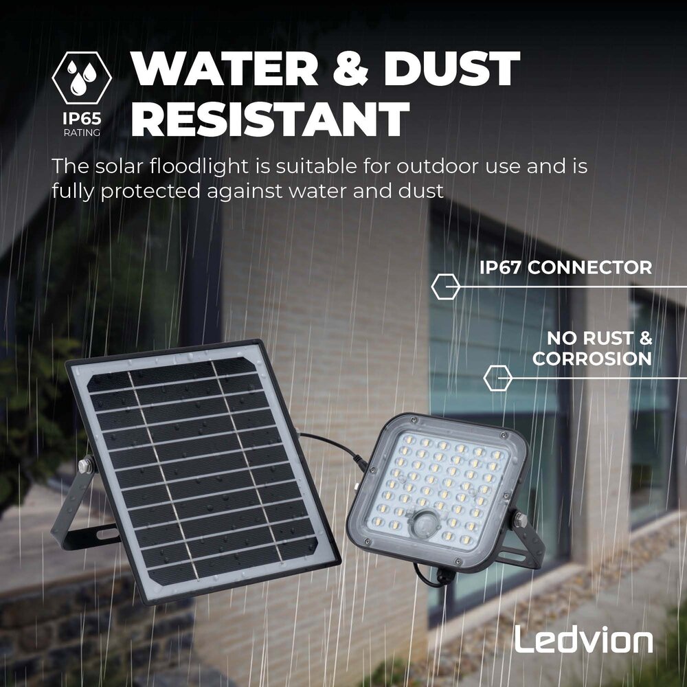 Ledvion LED Solar Floodlight with Sensor - IP65 - Waterproof - 4000K - Cool White - 3600 mAh - Security Lights - Solar Powered
