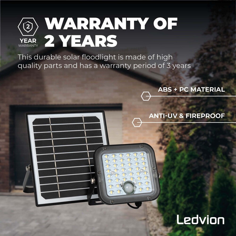 Ledvion LED Solar Floodlight with Sensor - IP65 - Waterproof - 4000K - Cool White - 3600 mAh - Security Lights - Solar Powered