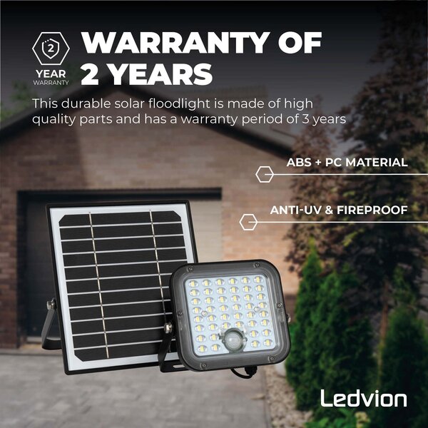 Ledvion LED Solar Floodlight with Sensor - IP65 - Waterproof - 4000K - Cool White - 3600 mAh - Security Lights - Solar Powered