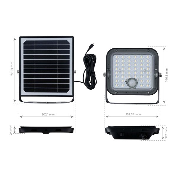 Ledvion LED Solar Floodlight with Sensor - IP65 - Waterproof - 4000K - Cool White - 3600 mAh - Security Lights - Solar Powered